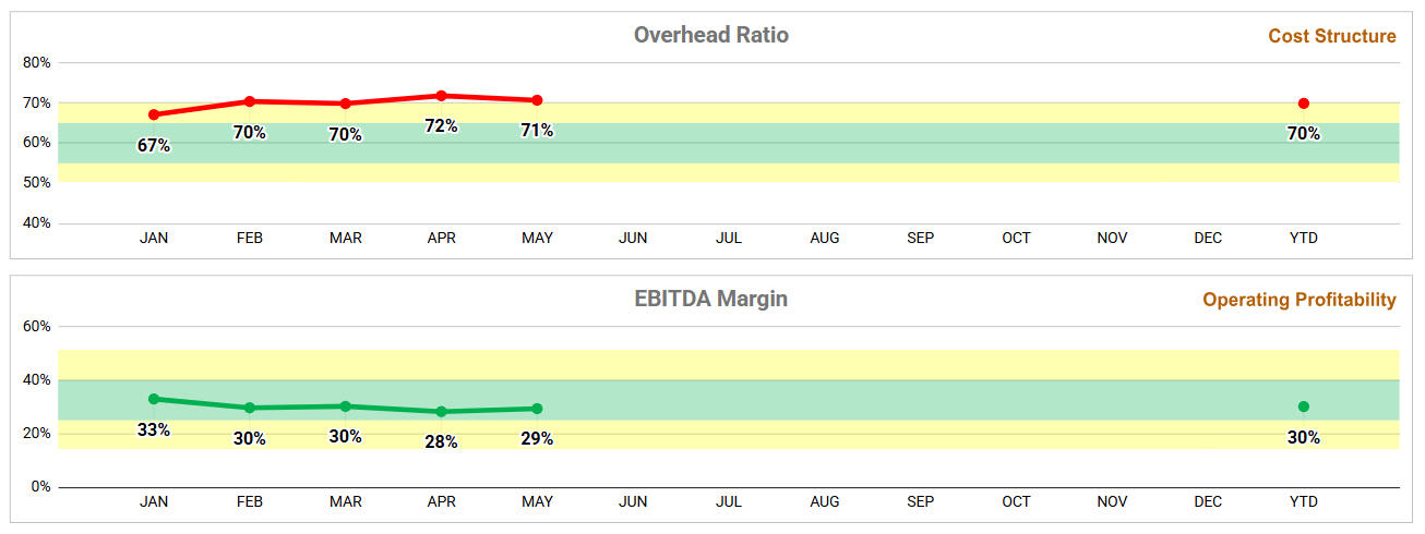 Assess cost structure and operating profitability through Overhead Ratio and EBITDA Margin analysis.