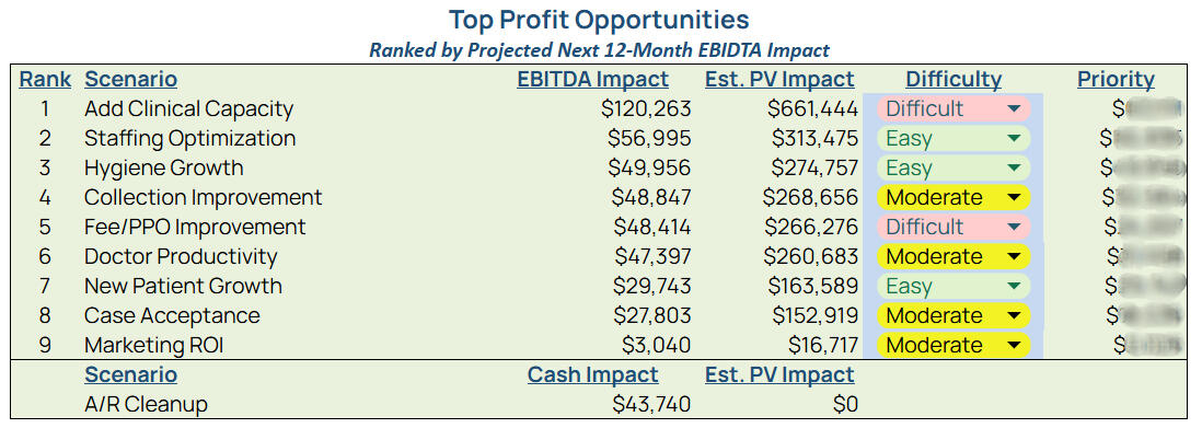 Identify, prioritize, and evaluate the opportunities most likely to improve profitability, cash flow, operational performance, and practice value.
